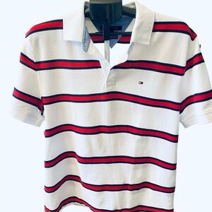 Tommy Hilfiger Men's White and Red Striped Polo Shirt